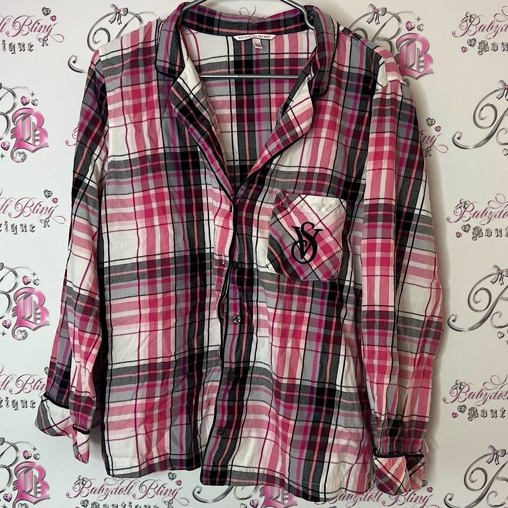 Victoria secret button down pj top striped Stylish Pink Plaid Button Down Shirt